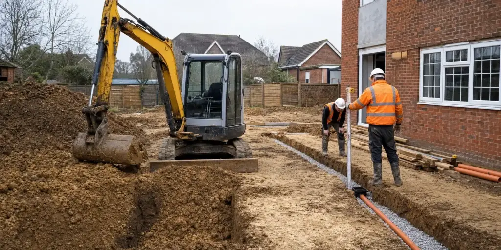 Groundworks crew checking foundation trenches and drainage beside a Hampshire home