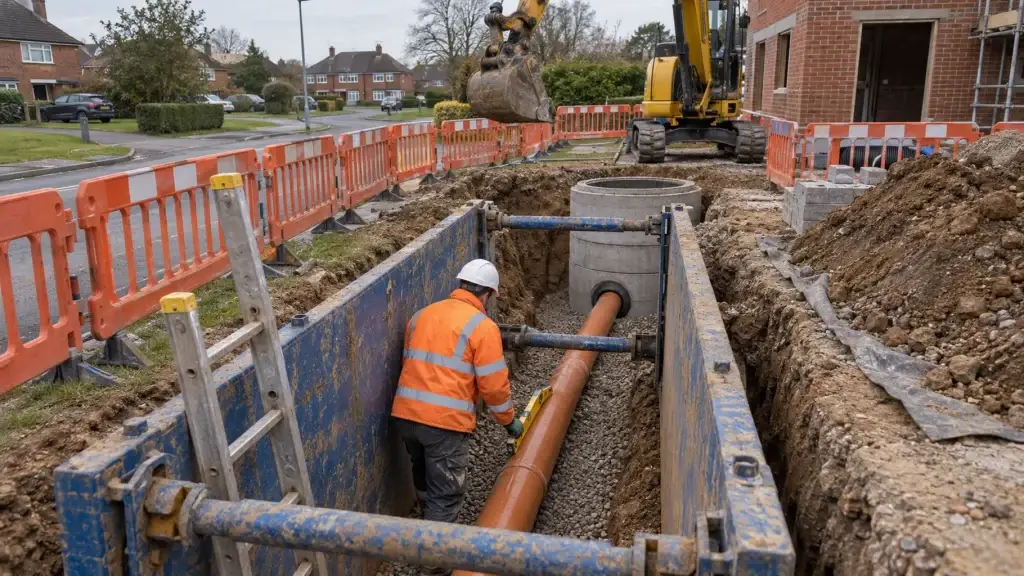 A groundworker in a hard hat and hi-vis jacket checks the fall of a new orange drainage pipe inside a steel trench box, where the pipe enters a precast concrete manhole beside a new-build house in a Hampshire cul-de-sac